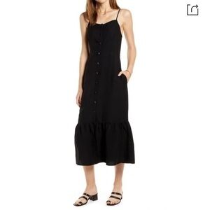 Something Navy button up midi sun dress linen blend tiered flounced hem XS/S‎